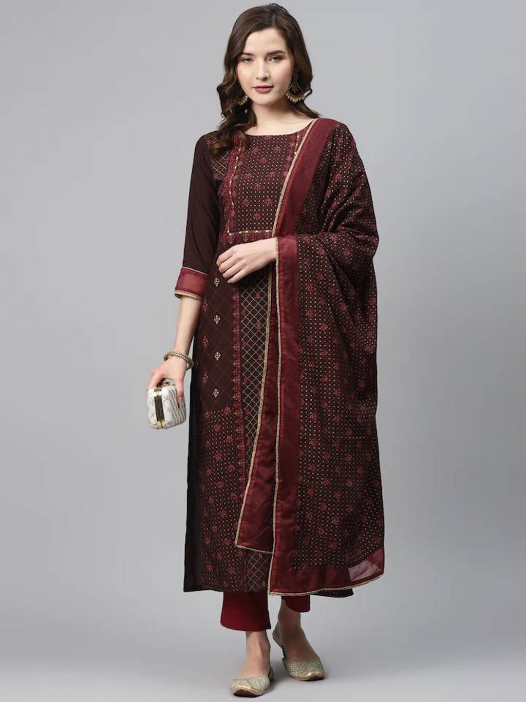 Buy Brown Embroidered Silk Straight Kurta With Trousers & Dupatta Online at  Rs.2279 | Libas