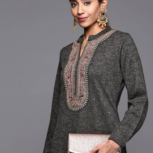 Indian Winter Woolen Kurta - Charcoal Grey Embellished Yoke Design Pashmina Wool Straight Kurta - Kashmiri Kurta - Indian Long Tunic - Kurti