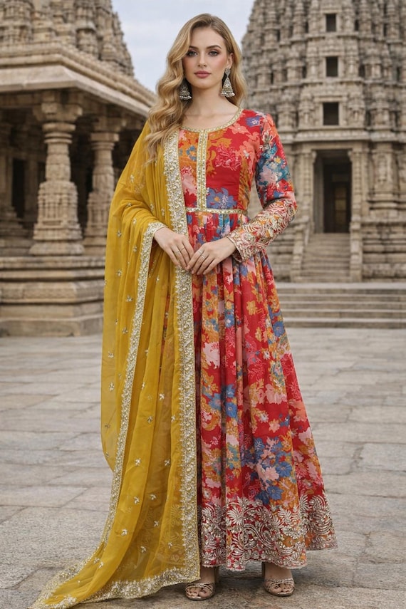 party wear ethnic dress for ladies Silk Kurta Set Women | Embroidered and print Indian Kurta with Dupatta | Festive Partywear Outfit | Traditional Material_MDF