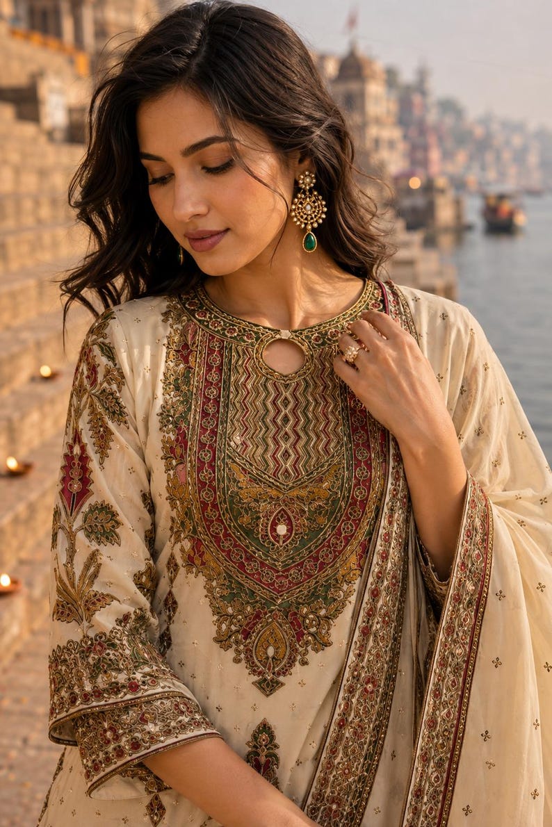 May include: An off-white long-sleeved tunic featuring an intricate embroidered neckline with red, green, and gold patterns, a circular cutout detail, and matching floral embroidery on the sleeves and bodice, paired with gold drop earrings.
