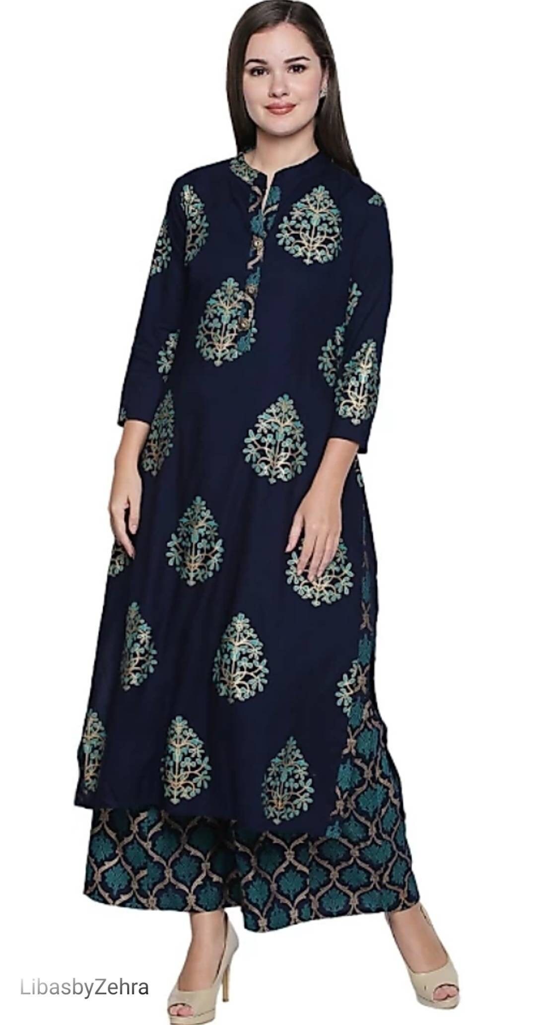 Blue Cotton A-line Kurti With Ankle Length Palazzo