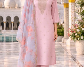 Pink Embroidered Kurta Set: Floral Cotton Indian Wedding Wear