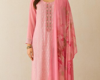 Elegant Pink Poly Georgette Kurta Set | Chikankari Embroidery Suit with Dupatta | Ethnic Indian Outfit | Women’s Festive Wear | Sizes XS–XXL