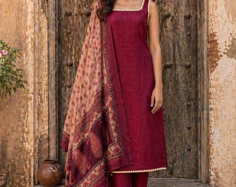 cotton Sleeveless kurta set for women l Indin summer party / festival / casual dress / Moroon solid kurta with pant and dupatta