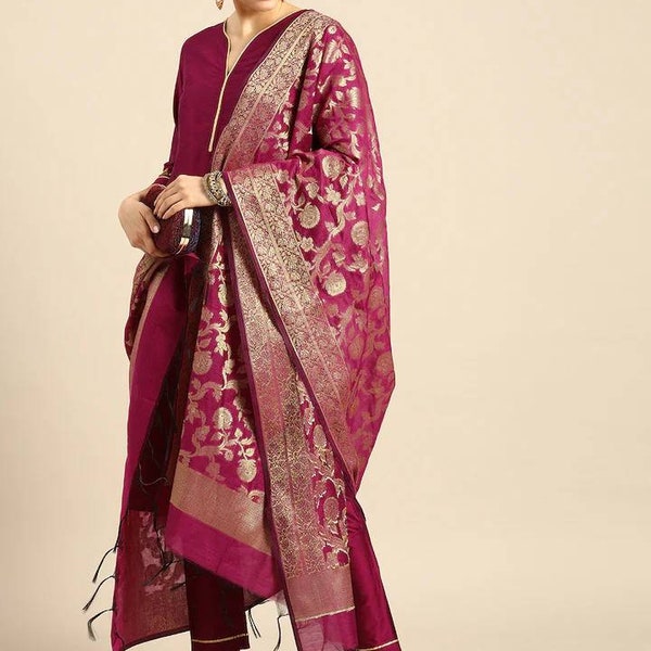 Magenta Embroidered Kurta With Pyjamas With Dupatta - Indian Party Wear Dress- Kurta With Salwar And Dupatta - Indian Wedding Wear Kurta Set