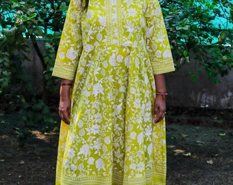 Printed Cotton Anarkali Dress: Yellow Floral Indian Tunic