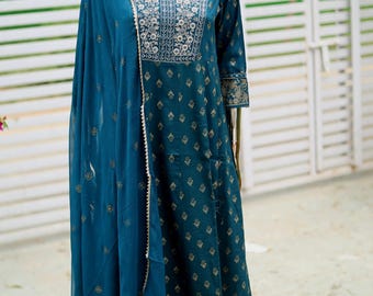 Embroidered Silk Blend Kurta Set: Teal Green Indian Wedding Wear