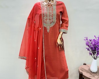 Orange Silk Kurta Set: Embroidered Indian Festive Wear