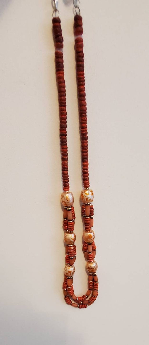 Vintage Wooden and  Gold Metal Beads 30" long Neck