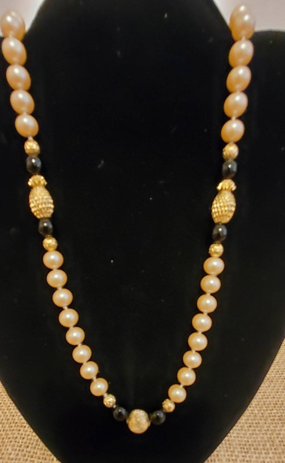 Vintage 32" Long Faux Pearl and Gold and Black bea