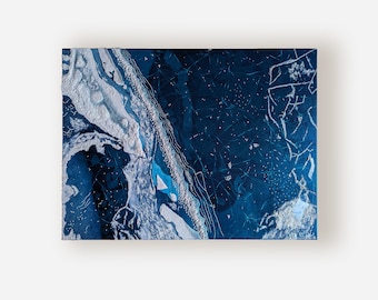 Souffle d'hiver - peinture acrylique sur toile, art abstrait, pierre minérale blanche et bleue, art mural, art de la décoration intérieure, peinture d'art texturé