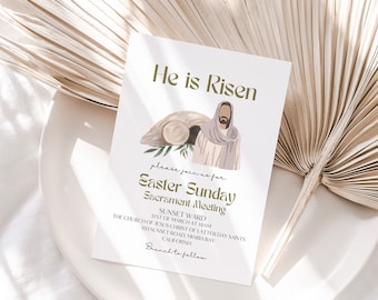 Invito pasquale LDS, modello Canva, invito pasquale LDS, invito He is Risen, volantino pasquale della chiesa, invito pasquale della chiesa, Canva