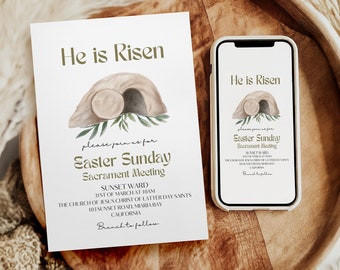 Invito pasquale LDS, modello Canva, invito pasquale LDS, invito He is Risen, volantino pasquale della chiesa, invito pasquale della chiesa, Canva