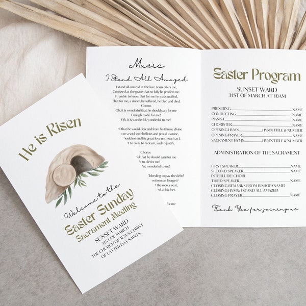 LDS Easter Sacrament Meeting Program, LDS Easter Easter Program, Church Easter Program, Neutral, He is Risen, LDS Church, Canva Template