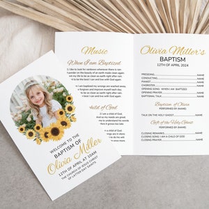 May include: A welcome to baptism program with a sunflower border and a photo of a young girl in a white dress. The program includes the order of service for the baptism, including the music, readings, and prayers. The program is for Olivia Miller's baptism on April 12th, 2024.