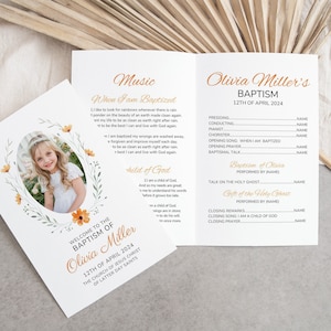 May include: A white and gold baptism program with a floral border and a photo of a young girl. The program includes the order of service for the baptism of Olivia Miller on April 12, 2024.