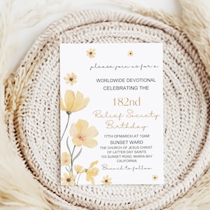 Invitación de cumpleaños de la Sociedad de Socorro, plantilla de Canva, invitación devocional de cumpleaños de la Sociedad de Socorro, flores amarillas, plantilla de Canva RS01