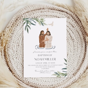 May include: A white baptism invitation with green foliage and a dove illustration. The text reads "Please join us for the Baptism of Noah Miller, 12th of April at 10am, The Church of Jesus Christ of Latter-day Saints, 101 Sunset Road, Maria Bay, California, Brunch to follow at the Miller home."