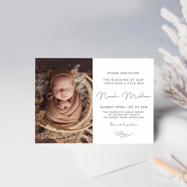 Baby Blessing Invitation, Canva Template, LDS Baby Blessing Invitation for Boy, Neutral Baby Blessing Invite, Photo, Canva Template, NFB02
