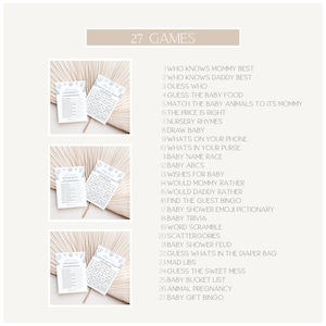 May include: Baby shower game cards with a seashell design. The image shows three sets of cards, each with a game card and a bingo card. The text on the cards includes game titles like "Guess Who" and "Baby Trivia".