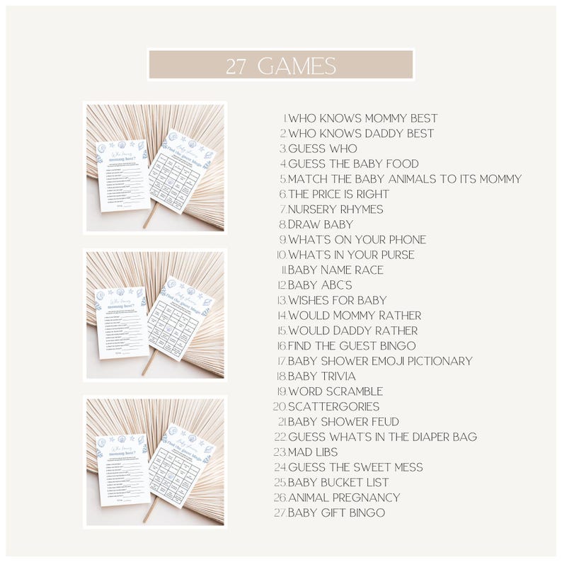 May include: Baby shower game cards with a seashell design. The image shows three sets of cards, each with a game card and a bingo card. The text on the cards includes game titles like "Guess Who" and "Baby Trivia".