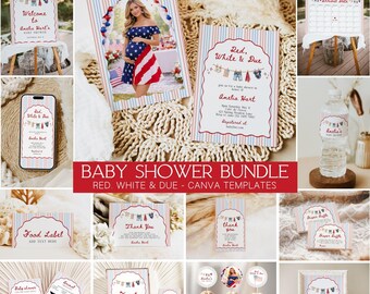 Red White and Due Baby Shower Bundle, Clothesline, Canva Template, 4th of July, Decorations, Digital Download