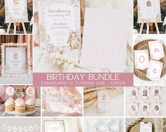 Pink Somebunny Is Turning One Birthday Bundle, Canva Templates, Birthday Party Decorations, Easter Birthday, Spring