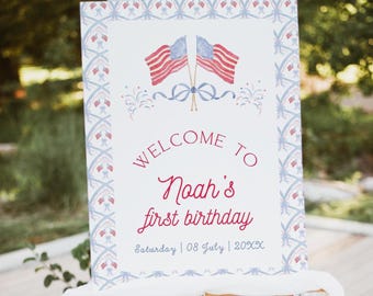 Letrero de bienvenida para niño americano, decoración de cumpleaños para niño americano, plantilla de Canva, decoraciones de cumpleaños para niño americano, letrero de bienvenida