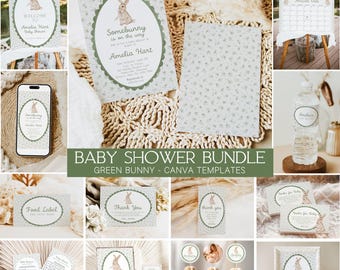 Somebunny Is On The Way Baby Shower Bundle, Green Bunny Decor, Welcome Sign, Games, Canva Templates
