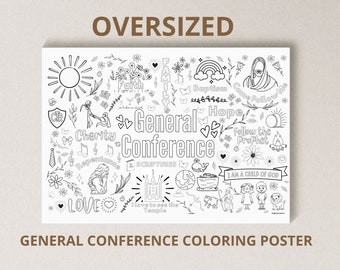 May include: Black and white coloring page featuring a variety of religious symbols and phrases, including "General Conference", "Come Follow Me", "I Am a Child of God", and "Hope".
