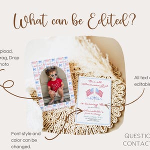 Pu&ograve; includere: Un design di invito con il testo "What can be Edited?" e "Our all American Girl is turning One". Il design include una cornice per foto con la foto di un bambino e un invito di compleanno con bandiere americane.