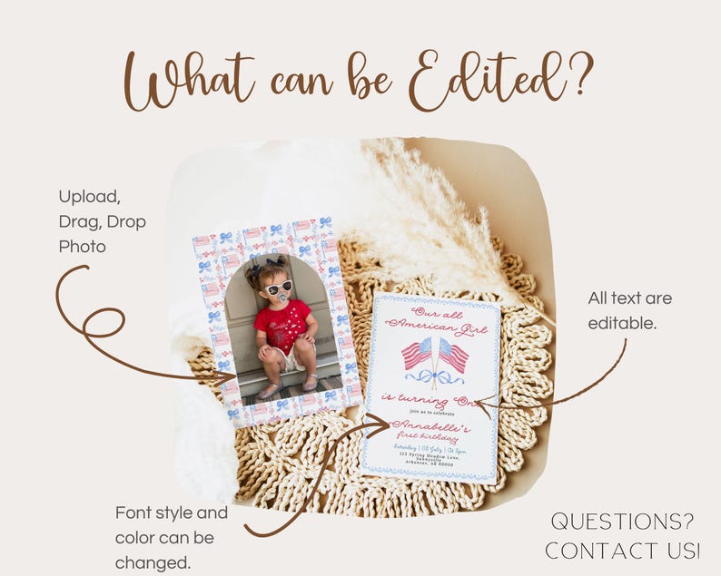Pu&ograve; includere: Un design di invito con il testo "What can be Edited?" e "Our all American Girl is turning One". Il design include una cornice per foto con la foto di un bambino e un invito di compleanno con bandiere americane.
