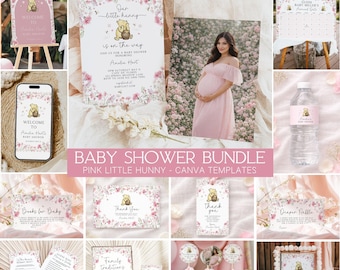 Pink Little Hunny Baby Shower Bundle, Wildflower Winnie the Pooh Decor, Welcome Sign, Games, Canva Templates