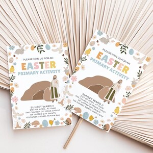 May include: Two colorful invitations for an Easter Primary Activity at the Church of Jesus Christ of Latter-day Saints. The invitations feature a floral design with bunnies, chicks, eggs, and doves. The text on the invitations reads "Please join us for an Easter Primary Activity" and includes the date, time, and location of the event.