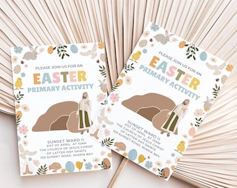 Invito per attività pasquali della LDS Primary, invito per la caccia alle uova di Pasqua della LDS Primary, invito per la Pasqua della chiesa dei bambini, volantino per la caccia alle uova di Pasqua della chiesa. Canva