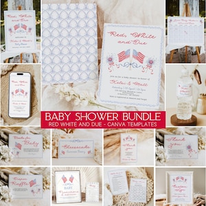 Zestaw na baby shower „Red White and Due”, szablon Canva, zaproszenie na baby shower z okazji 4 lipca, amerykański baby shower, letnie dziecko, zestaw