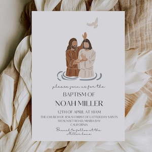 May include: A white invitation card with a brown and beige illustration of a baptism. The text reads "Please join us for the Baptism of Noah Miller 12th of April at 10am The Church of Jesus Christ of Latter Day Saints 103 Sunset Road, Miaria Bay California Brunch to follow at the Miller home"