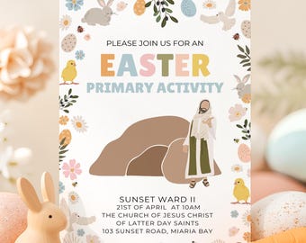 Invito per attività pasquali della Primaria LDS, invito per la caccia alle uova di Pasqua della Primaria LDS, invito per la Pasqua della Chiesa dei bambini, volantino per la caccia alle uova di Pasqua della Chiesa. Canva