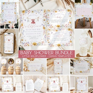 May include: A baby shower bundle with a wildflower theme. Includes invitations, signs, cupcake toppers, and more. The designs feature floral borders, butterflies, and the text "Welcome to Maddison's Baby Shower".