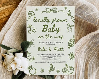 Locally Grown Baby Shower Invitation, Canva Template, Farmers Market Baby Shower Invitation, Farm Baby Shower Invitation, Spring Baby