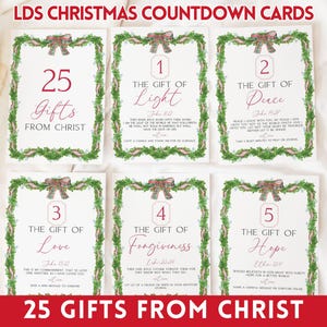 May include: Set of six Christmas countdown cards with a green wreath border and a bow at the top. Each card features a gift theme, such as "Light" or "Love", with a corresponding Bible verse. The text "25 Gifts From Christ" is at the top and bottom.