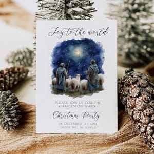 Pode incluir: Um convite para uma festa de Natal com uma ilustração em aquarela da cena da Natividade. O texto diz "Joy to the world" e "Por favor, junte-se a nós para a festa de Natal do Charleston Ward em 06 de dezembro às 18h. O jantar será servido."