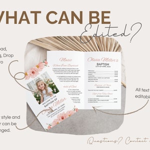 Puede incluir: Una plantilla de programa de bautismo floral rosa y blanco con una foto de una ni&ntilde;a con un vestido blanco. El programa incluye el texto "Bautismo de Olivia Miller 12 de abril de 2004" y una lista de los detalles de la ceremonia. El texto "Todo el texto es editable" tambi&eacute;n est&aacute; incluido.