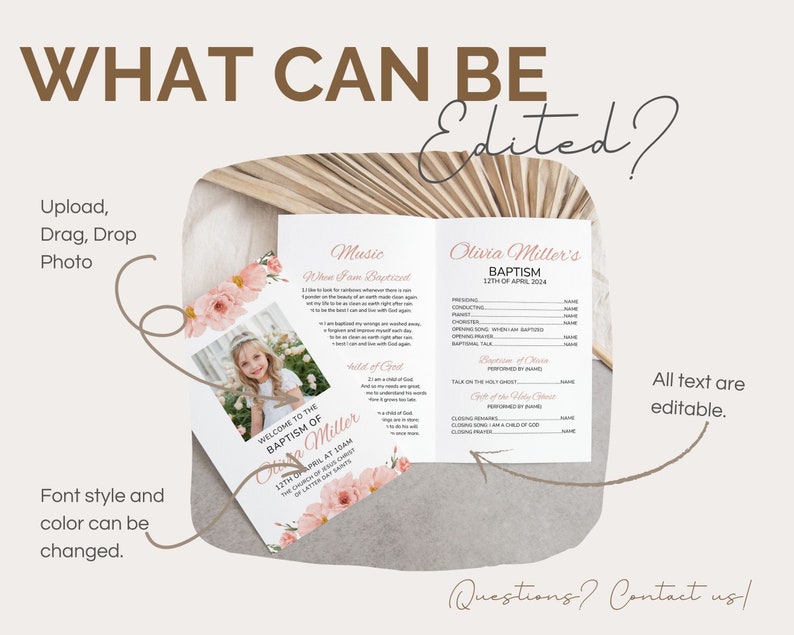 Puede incluir: Una plantilla de programa de bautismo floral rosa y blanco con una foto de una ni&ntilde;a con un vestido blanco. El programa incluye el texto "Bautismo de Olivia Miller 12 de abril de 2004" y una lista de los detalles de la ceremonia. El texto "Todo el texto es editable" tambi&eacute;n est&aacute; incluido.
