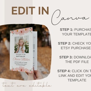 Puede incluir: Una invitaci&oacute;n de bautismo rosa y blanca con una foto de una ni&ntilde;a con un vestido blanco. La invitaci&oacute;n dice "Bienvenido al bautismo de Olivia Miller" e incluye la fecha y la hora del evento. El texto "todo el texto es editable" est&aacute; en la parte inferior de la imagen. La imagen tambi&eacute;n incluye instrucciones sobre c&oacute;mo editar la plantilla en Canva.