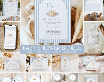 Blue Bun In The Oven Baby Shower Bundle, Cinnamon Roll, Decorations, Canva Template, Digital Download
