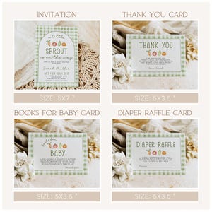 May include: A set of baby shower stationery cards with a green gingham border. The cards include an invitation, thank you card, books for baby card, and diaper raffle card. Each card features a vegetable illustration and the text "a little sprout is on the way."