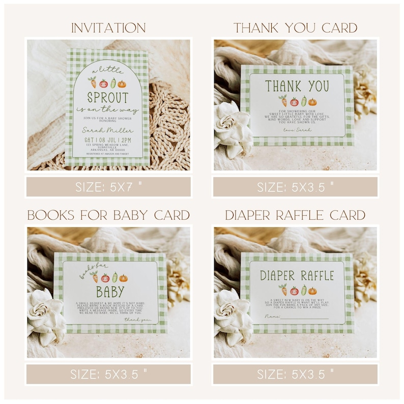 May include: A set of baby shower stationery cards with a green gingham border. The cards include an invitation, thank you card, books for baby card, and diaper raffle card. Each card features a vegetable illustration and the text "a little sprout is on the way."