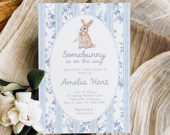 Somebunny Is On The Way Baby Shower Invitation, Boy, Vintage Stripe, Canva Template, Blue Bunny