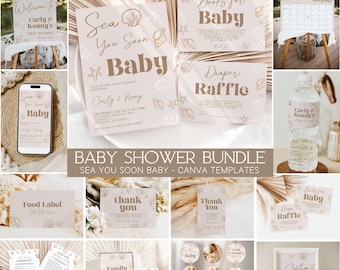 Beige Sea You Soon Baby Shower Bundle, Canva, Seashell Baby Shower Invitation, Ocean Baby Shower (Digital Download)
